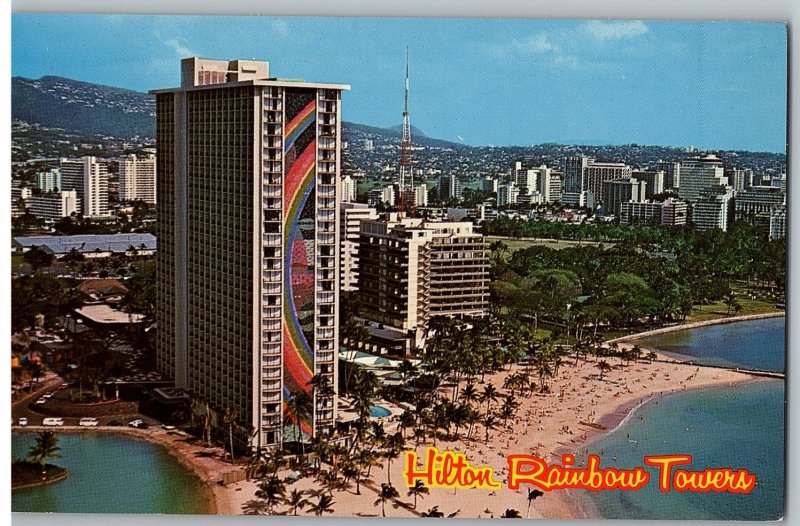 Hilton Rainbow Towers Colorful Rainbow Mosaic View of Tower Hawaii Postcard