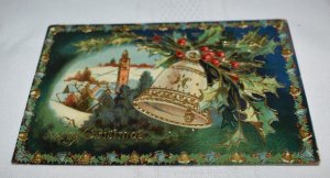 A Merry Christmas Bell Holly Embossed Gilded Postcard Printed in Germany