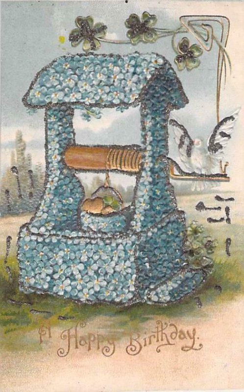 A Happy Birthday, Glitter Lined, Embossed,Wishing Well Flower Vintage Postcard