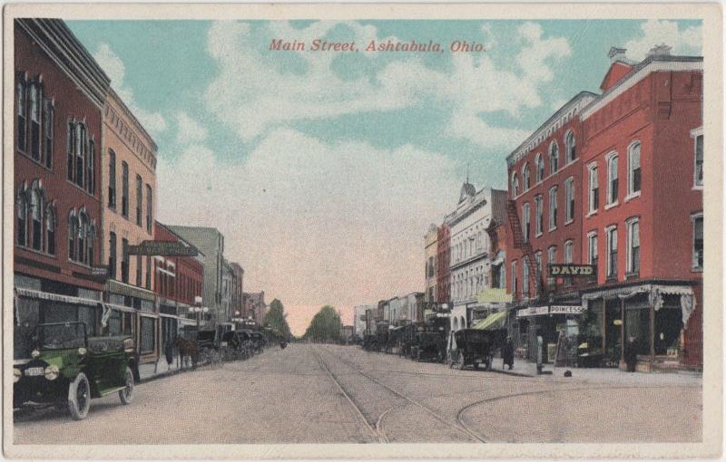 c1910 ASHTABULA Ohio Postcard MAIN STREET DAVID Cafe Dentist & More