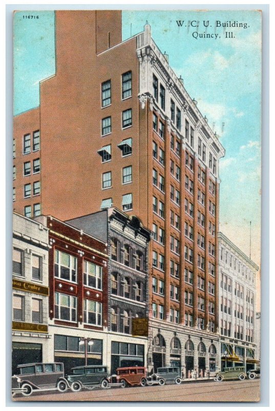 1936 Car Scene, W.C.U Building Quincy Illinois IL Vintage Posted Postcard