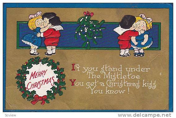 Merry Christmas, Boys giving girls kissses on the cheek under the mistletoe, PU