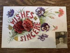 Original Vintage Postcard Early 1900's Sincere Wishes  Real Photo Woman Front