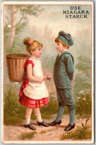1880s-90s Trade Card, Niagara Starch, Girl With Basket & Flower and Boy