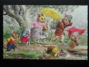 Alfred Mainzer Anthropomorphic MICE FAMILY OUTING ON RAINY DAY c1950s Postcard