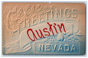 c1910 Greetings from Austin Nevada NV Embossed Airbrush Flowers Postcard