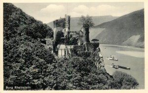 Germany sail & navigation themed postcard Rhenstein castle paddle steamer barge