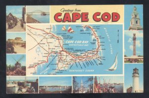 GREETINGS FROM CAPE COD MASSACHUSETTS MAP VINTAGE POSTCARD