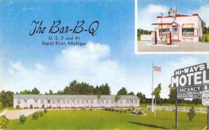 Bar-B-Q Motel Gas Station Pumps US 2 41 Rapid River Michigan postcard