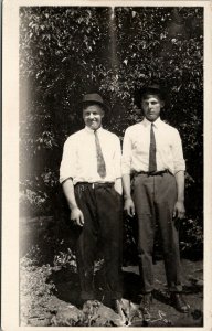 RPPC Two Men Pals in Rustic Outdoor Scene Real Photo c1910 Postcard V2