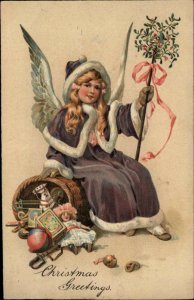 Christmas Beautiful Angel Child in Purple Winter Coat PFB c1910 Postcard