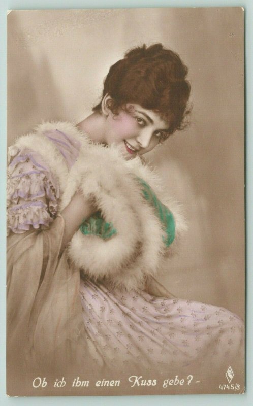 Colorized RPPC 5 German Lovely Lady~Would I Kiss Him?~Ich Kenne Die Männer! 1924 