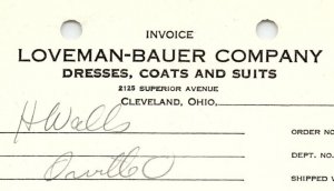 1938 LOVEMAN-BAUER CO. CLEVELAND OH DRESSES COATS SUITS BILLHEAD INVOICE Z1068