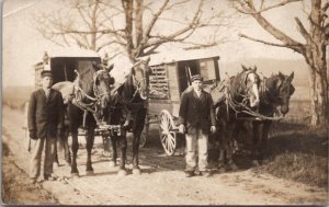 RPPC Two Men Horse Drawn Delivery Wagons Carriages with Lamps Postcard Y17