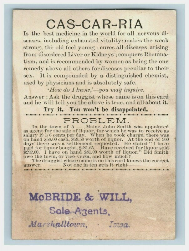 1880's -90's Math Puzzle Card Cas-Car-Ria McBride & Will Quack Medicine P201 