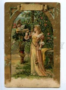 176774 Lovers LADY w/ Pipe GARDEN Vintage EMBOSSED postcard