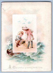 1890's CHRISTMAS CHILDREN AT SEASHORE BEACH HAGELBERG BERLIN GERMANY CARD