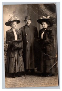 Vintage 1910's RPPC Postcard - Studio Portrait Victorian Woman Large Hats & Man