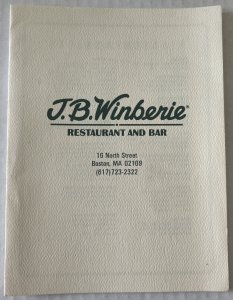 JB Winberie Restaurant & Bar Boston, MA Stouffer Restaurant Co 1987 Vintage Menu