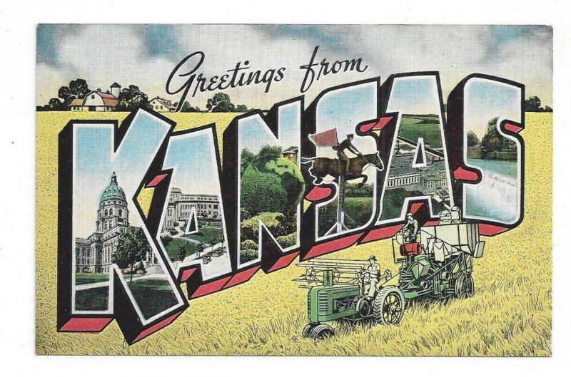 Postcard KS Greetings from KANSAS LARGE Letter Linen Tractor Pull Type Combine