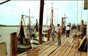 Brunswick GA Georgia  BOYS On DOCK~SHRIMP & CRAB FISHING BOATS ca1950's Postcard
