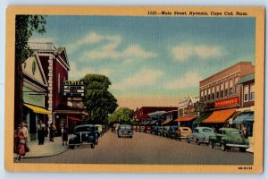 Cape Cod Massachusetts MA Postcard Main Street Hyannis Classic Cars 1940 Vintage
