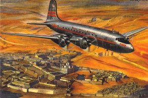 Linen Era, TWA Advertising, DC-6 Over Cairo, Printed in Italy, Old Postcard