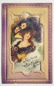 Glamour Girl Black Feather Hat Heavy Embossed Die-Cut Frame Postcard W28