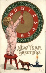 Bernhardt Wall New Year Little Boy and Giant Clock Toy Horse c1910 Postcard