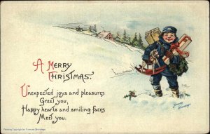 Christmas Boy Mailman Rocking Horse Embossed Frances Brundagec1900s-20s Postcard