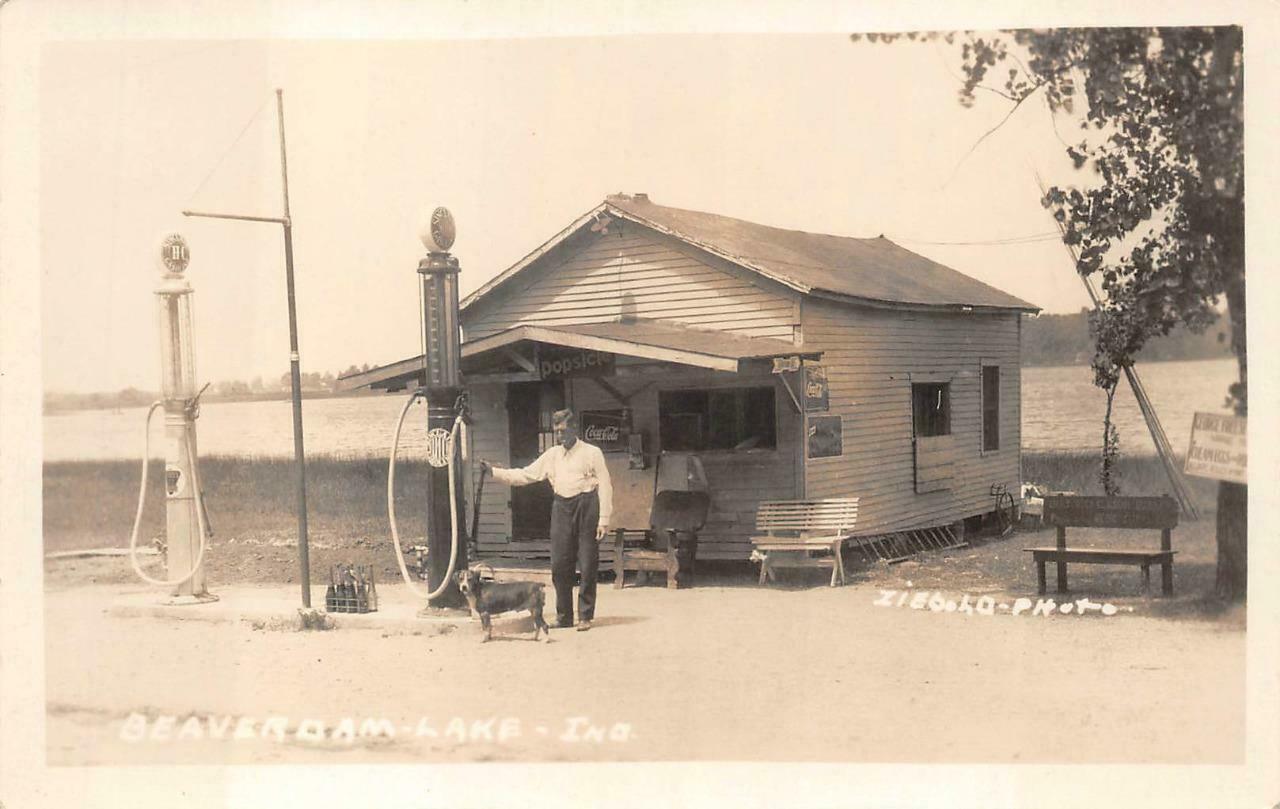 Rppc Beaver DAM Lake Indiana Sinclair GAS DOG Coca-Cola Real Photo