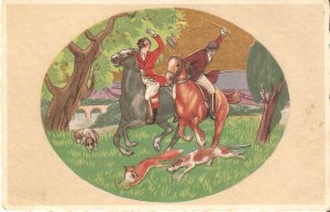 Horses. Dogs. Hunting Scene Old vintage Italian, artist drawn, postcard