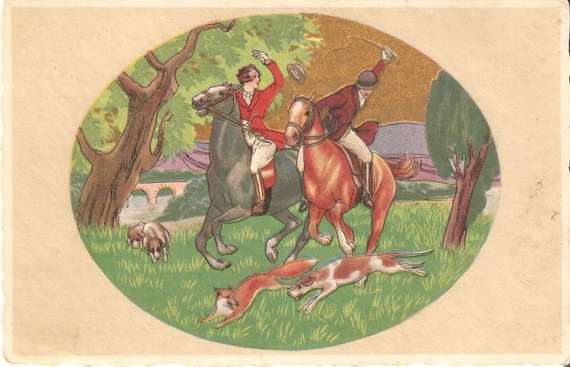 Horses. Dogs. Hunting Scene Old vintage Italian, artist drawn, postcard