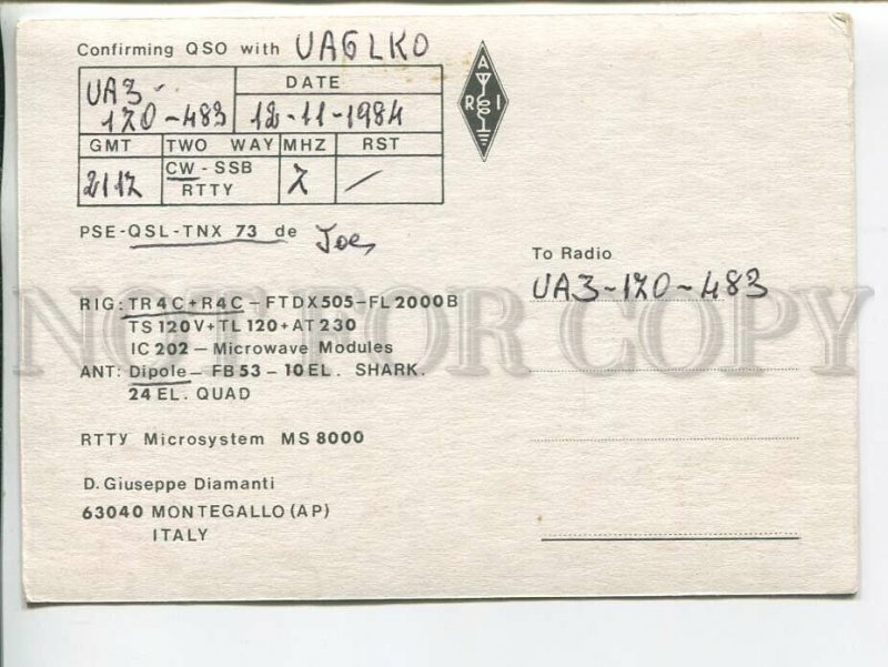 464578 1984 year Italy Montegallo radio QSL card