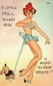 Risqué Comic A LITTLE PULL 'ROUND HERE AB8 Dog Redhead MINT Linen Postcard  i