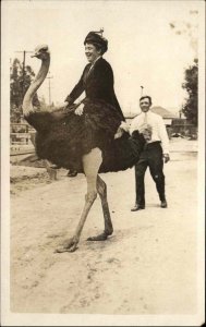 Woman Riding Ostrich Southern California c1920 Real Photo Postcard