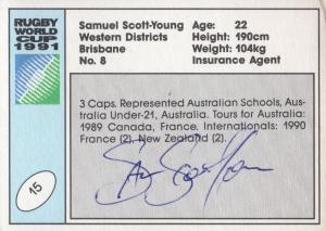 Samuel Scott Young Australia Hand Signed Rugby 1991 World Cup Card Photo