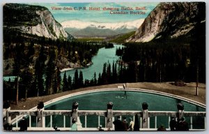 Vtg Banff Canada View From C.P.R. Hotel Baths Canadian Pacific Raiload Postcard