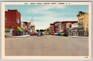 1930-40s BROAD STREET looking SOUTH CAMDEN SOUTH CAROLINA VINTAGE LINEN POSTCARD