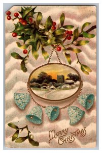 c1910 Postcard Merry Christmas Farm Scene Picture Holly Bells Embossed Card