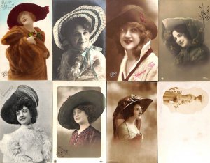 Romantic era glamor beauty ladies portraits all with fancy hats fashion c.1920 