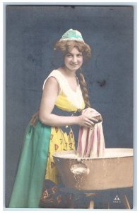 c1910's Pretty Woman Curly Hair Laundry Studio Portrait RPPC Photo Postcard