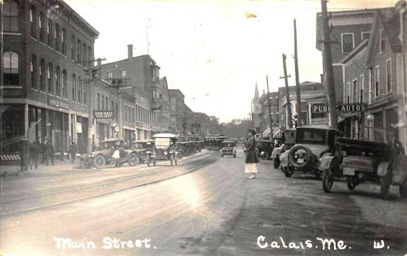 Calais ME Storefronts Old Cars Trolley Public Autos RPPC