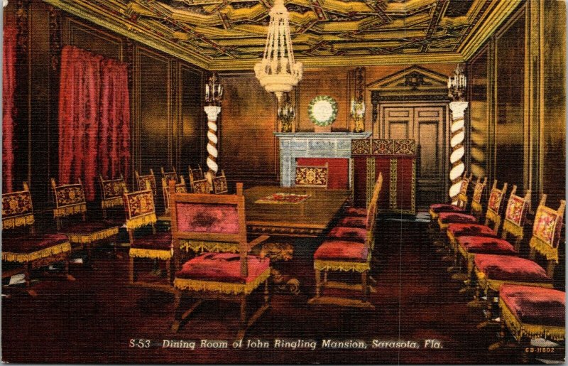Vtg 1940's Dining Room John Ringling Mansion Estate Circus Sarasota FL Postcard