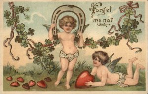 Art Nouveau Valentine Fantasy Cupids with Horseshoe Embossed c1910 Postcard