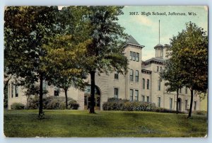 Jefferson Wisconsin WI Postcard High School Building Exterior Trees 1917 Vintage