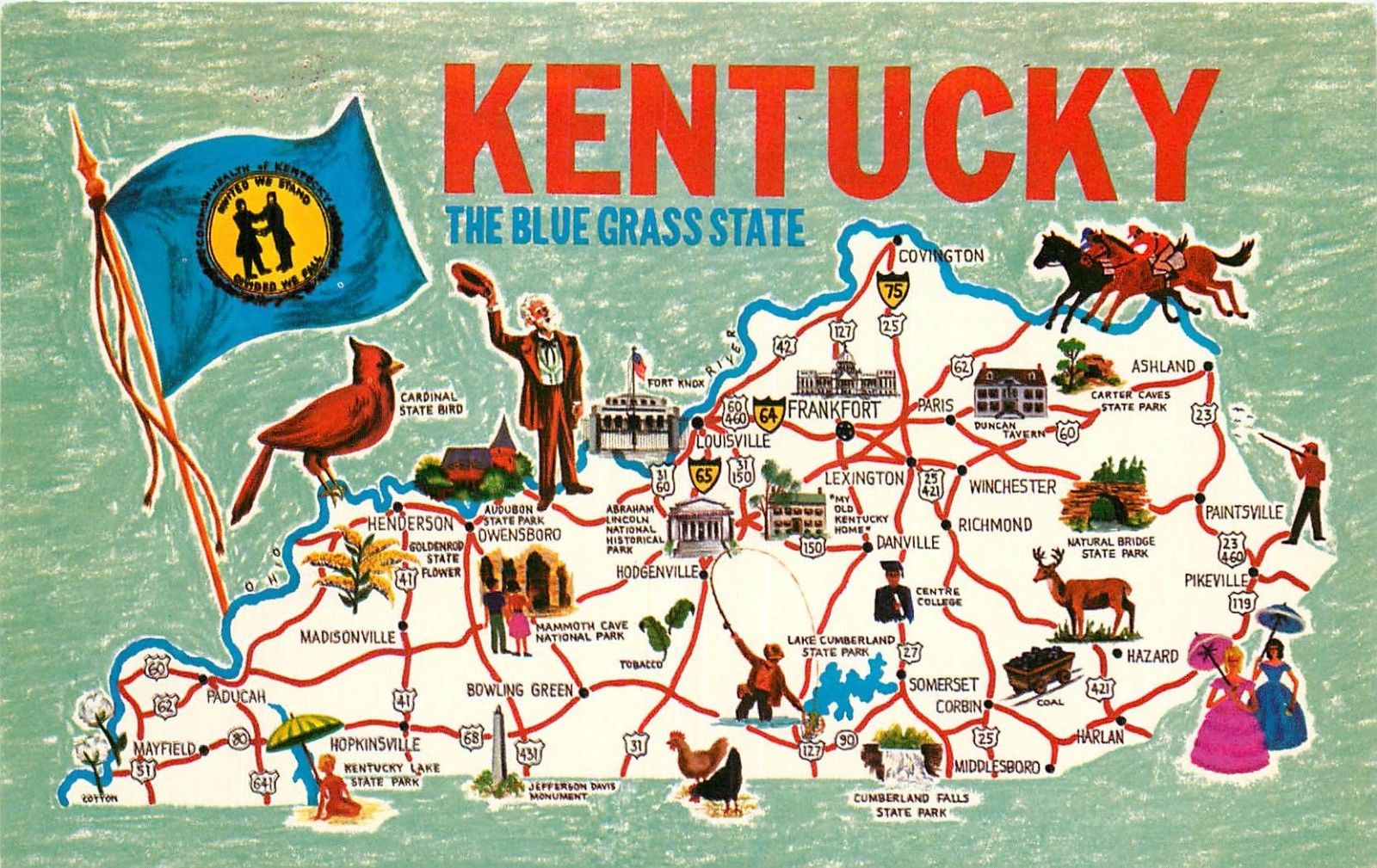 Kentucky the Blue Grass State Map KY Postcard United States