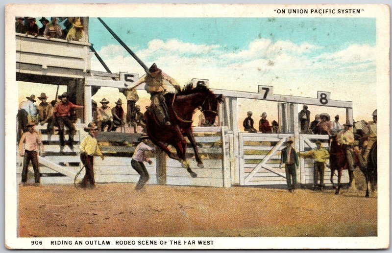 Union Pacific System Riding And Out Law Rodeo Scene Far West Postcard