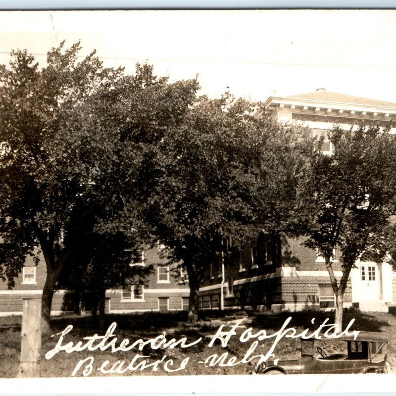 1930 Beatrice, Nebr. RPPC Lutheran Hospital Touring Car Antique Real Photo A106