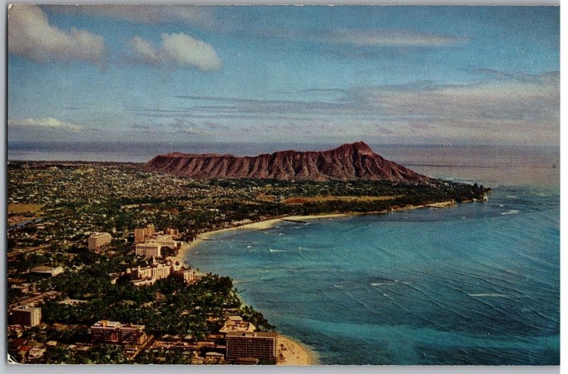 Waikiki and Diamond Head in Background Coastline Hawaii Postcard Posted 1953